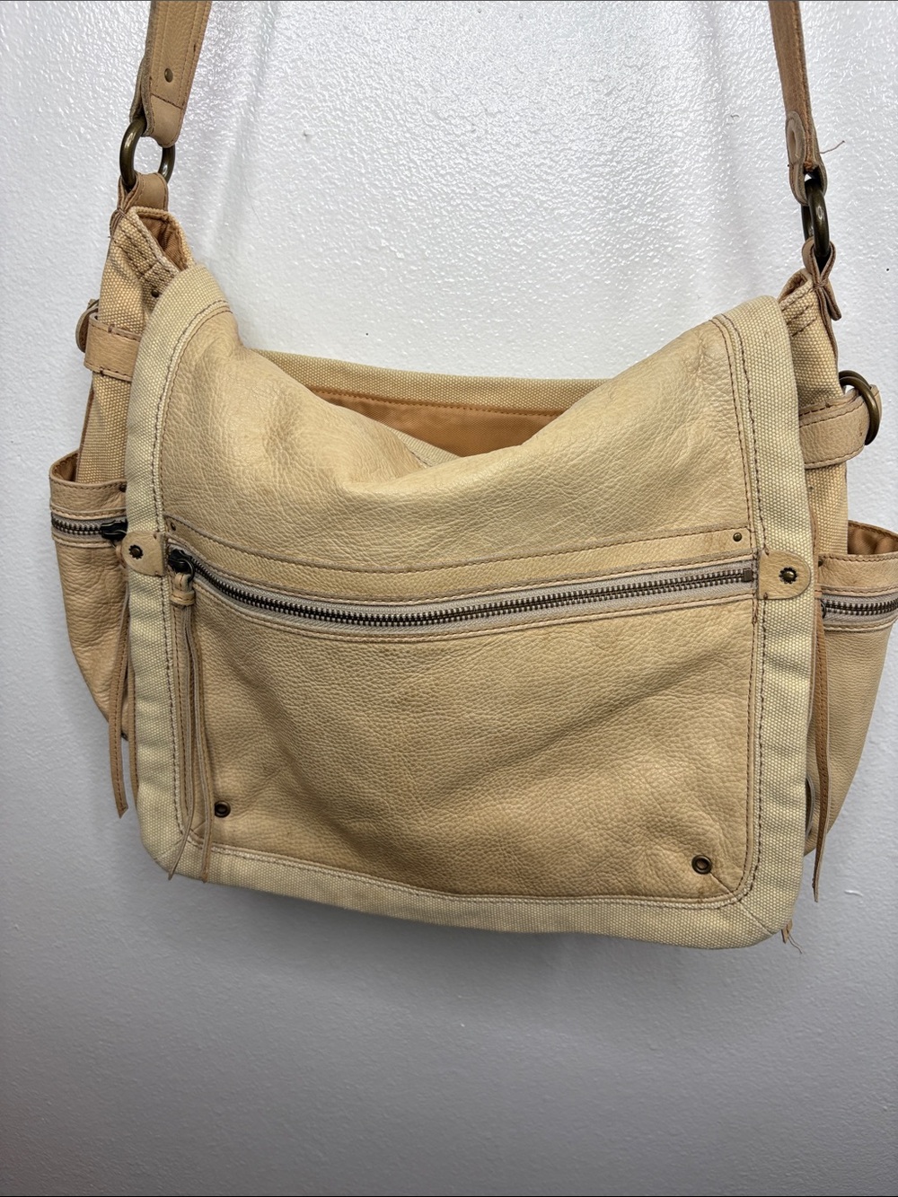 Fossil Light Yellow Leather Canvas Large Messenger Crossbody Bag BLEMISH
